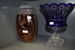 Two heavy set cut and etched glass wares including orange vase with etched wild fowl decoration