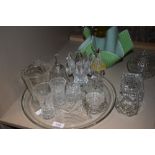 A selection of vintage glass, including 'Allenburys food measure' jug, green handkerchief bowl and