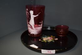 Two cranberry glass wares including Mary Gregory style and papier mache tray