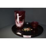 Two cranberry glass wares including Mary Gregory style and papier mache tray