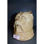 An interesting antique salt glaze money box in the form of a dogs head having the name 'Grace