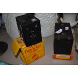 Two box cameras. A Hawkeye six-20 Major on original box and Brownie No2