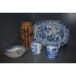 A selection of Chinese export ceramics including two hard paste coffee cups, bowl brush pot and hand