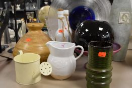 A selection of studio pottery and similar ceramics including pink tazza