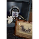 A selection of Russian ceramic display plates and local interest Photo of large bull dated 1872