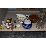 A selection of ceramics including salt glazed crock pot and Victorian decanter