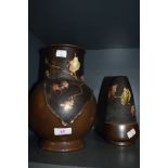 Two Bretby art pottery vases having bird and floral design with gilt detailing. Both with Bretby