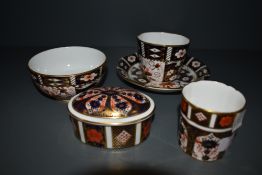 A selection of Royal crown Derby ceramics including bowl, trinket box, teacup saucer and vesta