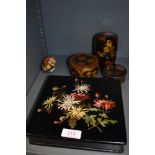 A selection of Victorian and similar hand decorated lacquer and papier mache trinket and jewellery