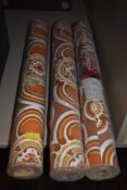 Three unopened rolls of vintage 'Macgregor' wallpaper, very bold and bright pattern in ochre,brown
