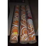 Three unopened rolls of vintage 'Macgregor' wallpaper, very bold and bright pattern in ochre,brown