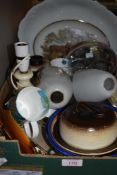 A selection of ceramics including local Furness pottery butter dish glass shades and charger plates