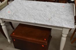 A traditional painted frame kitchen table having marble top, approx. 130 x 80cm