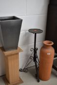 A terracota urn shaped vase etc