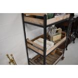 A large garden or similar 3 tier trolley and its contents, approx dimensions W81cm D48cm H130cm,