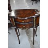 A good quality reproduction mahogany and walnut side table having two frieze drawers, French