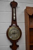 William lV wheel barometer with thermometer, scroll onion top mahogany case with silvered dials, in