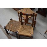 Two seagrass stools and a similar child's chair