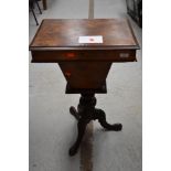 A Victorian walnut and mahogany teapoy style sewing table, approx. width 48cm