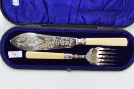 A cased set of Victorian silver fish servers having engraved fish and flowers to blade, Sheffield