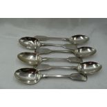 Six Victorian silver dessert spoons of fiddle back form bearing monogram B to terminals, London