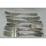 Six Victorian silver table forks of fiddle back design bearing monogram B to terminals, London 1855,