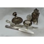 A selection of HM silver and white metal including casket of rectangular form, capstan inkwell