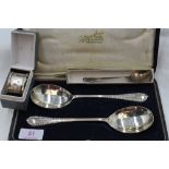 A cased pair of silver fruit serving spoons having moulded decoration to terminals and facetted