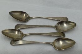 Four Georgian silver tea spoons of plain Old English form bearing monogram R to terminals, Exeter