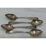 Four Georgian silver tea spoons of plain Old English form bearing monogram R to terminals, Exeter