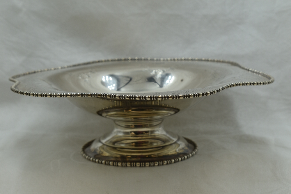 A silver pedestal bowl having decorative shaped rim and engraved swag decoration to bowl on circular - Image 2 of 2