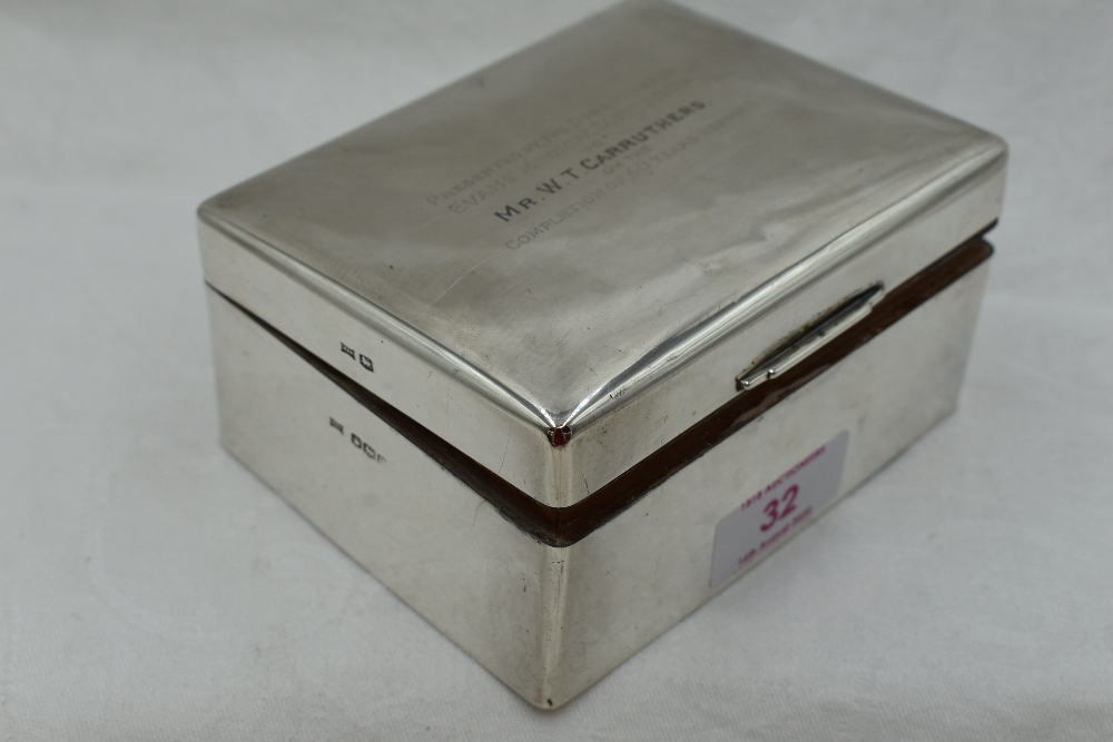 A silver cigarette box of plain form bearing presentation inscription to lid, Sheffield 1950, Walker - Image 2 of 2