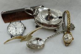 A small selection of HM silver including lidded mustard, comb, spoon, Rotary watch face, brooch etc