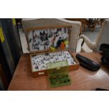 A large selection of fishing flies in double sided wooden box, wallet and small box