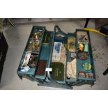 A metal tool box containing vintage fishing tackle, with some interesting pieces worth a look