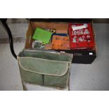 A large selection of tackle in many tins and boxes, including lures, spinners and a Canvas bag