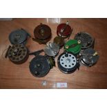 A selection of fly fishing reels including Allcocks and Stanley reels