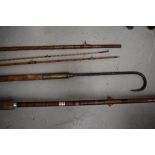 A split cane salmon rod wooden handled gaff and other rod parts