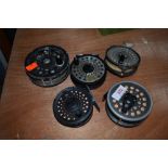 Five fly fishing reels with line, includes Intrepid, Shakespeare and Diawa