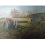 An oil painting on board, M Summerhay, tractor and cottage, signed, framed, 33 x 60cm