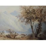 A watercolour, style of David Cox, cattle at lake, framed, 26 x 34cm