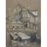 A heightened pencil sketch, J H Hogg, town in Champagne, signed and dated 1859, framed and glazed,