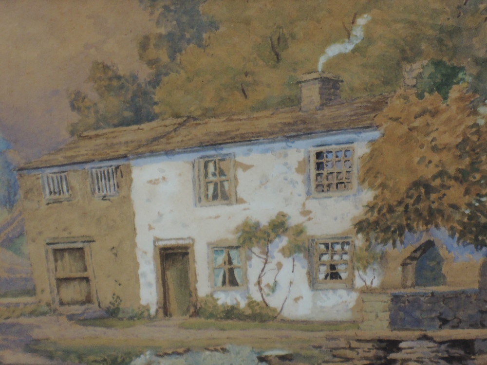 A watercolour, J West, riverside cottages, signed, framed and glazed, 28 x 30cm