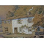 A watercolour, J West, riverside cottages, signed, framed and glazed, 28 x 30cm