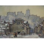 A watercolour, F Hodgson, winter townscape, Lancaster, signed, framed and glazed, 25 x 34cm