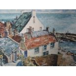 An oil painting on board, A M Starkie, coastal village, signed and dated, (19)85, framed, 28 x 34cm