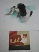 A Ltd Ed print, after Martin Leman, Sally, cat interest, numbered 53/100, signed, 17 x 19cm and a
