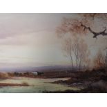A watercolour, Norton Willis, cattle at pond, signed, framed and glazed, 25 x 50cm