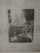 An engraving after Frank Paton, Are you there, humorous dog interest, signed, framed and glazed,
