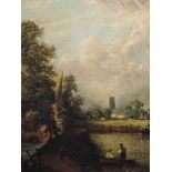 An oil painting, style of John Constable, anglers before mill and church, framed, 74 x 62cm